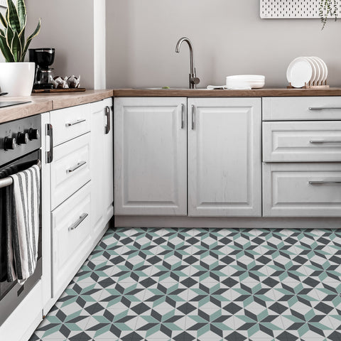 Grey and Green Geometric Flower Floor Tile Stickers Peel and Stick Modern