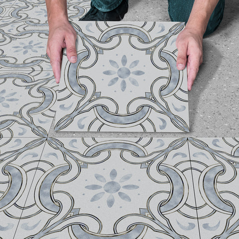Light Grey Floral Pattern Floor Tile Stickers Elegant Flower Peel and Stick