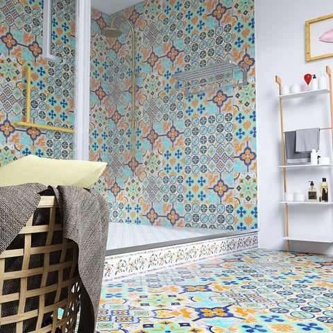 Vibrant orange and blue: the fashionable rhythm of tile stickers