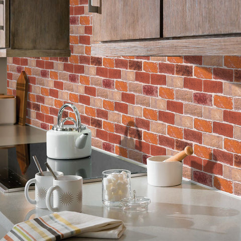 Brick Red Rustic Stone Tile Stickers Country Style Rock Wallpapers 10 Pcs