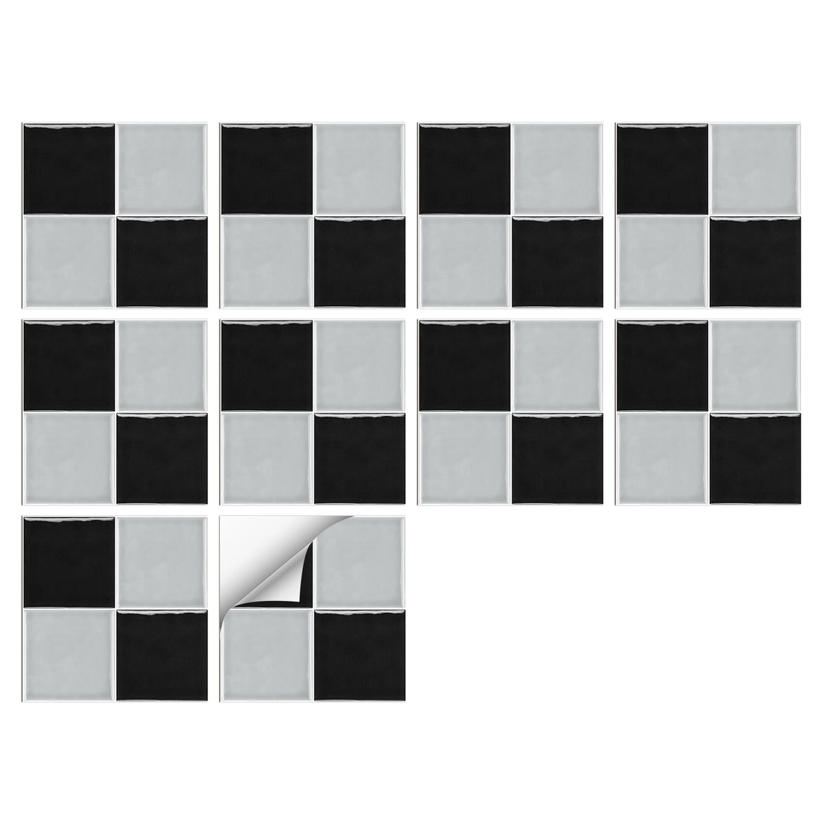 Black and Light Grey Modern Glazed Wallpaper Square Tile Sticker 10PCS