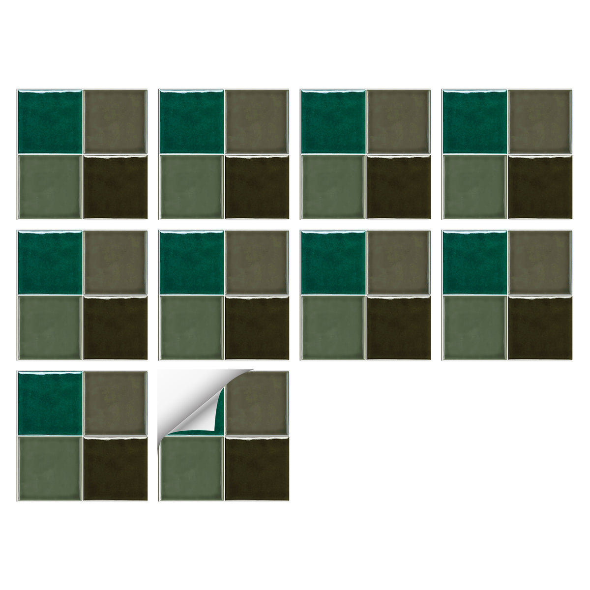 Green Brown Grey Modern Glazed Wallpaper Square Tile Sticker 10PCS