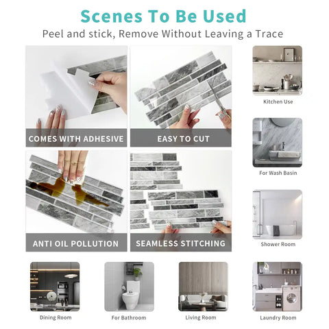 Special Shaped Marble Tile Sticker (Light Grey) 12pcs Peel And Stick Wallpaper Luxury and Elegant Style Wall Decor