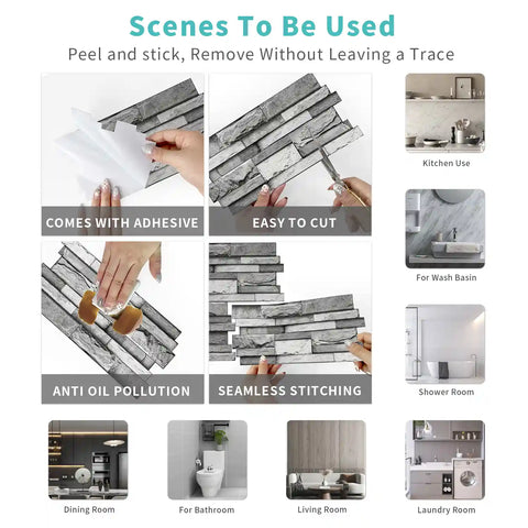 Special Shaped Marble Tile Sticker (Dark Grey) 12pcs Peel And Stick Wallpaper Luxury and Elegant Style Wall Decor