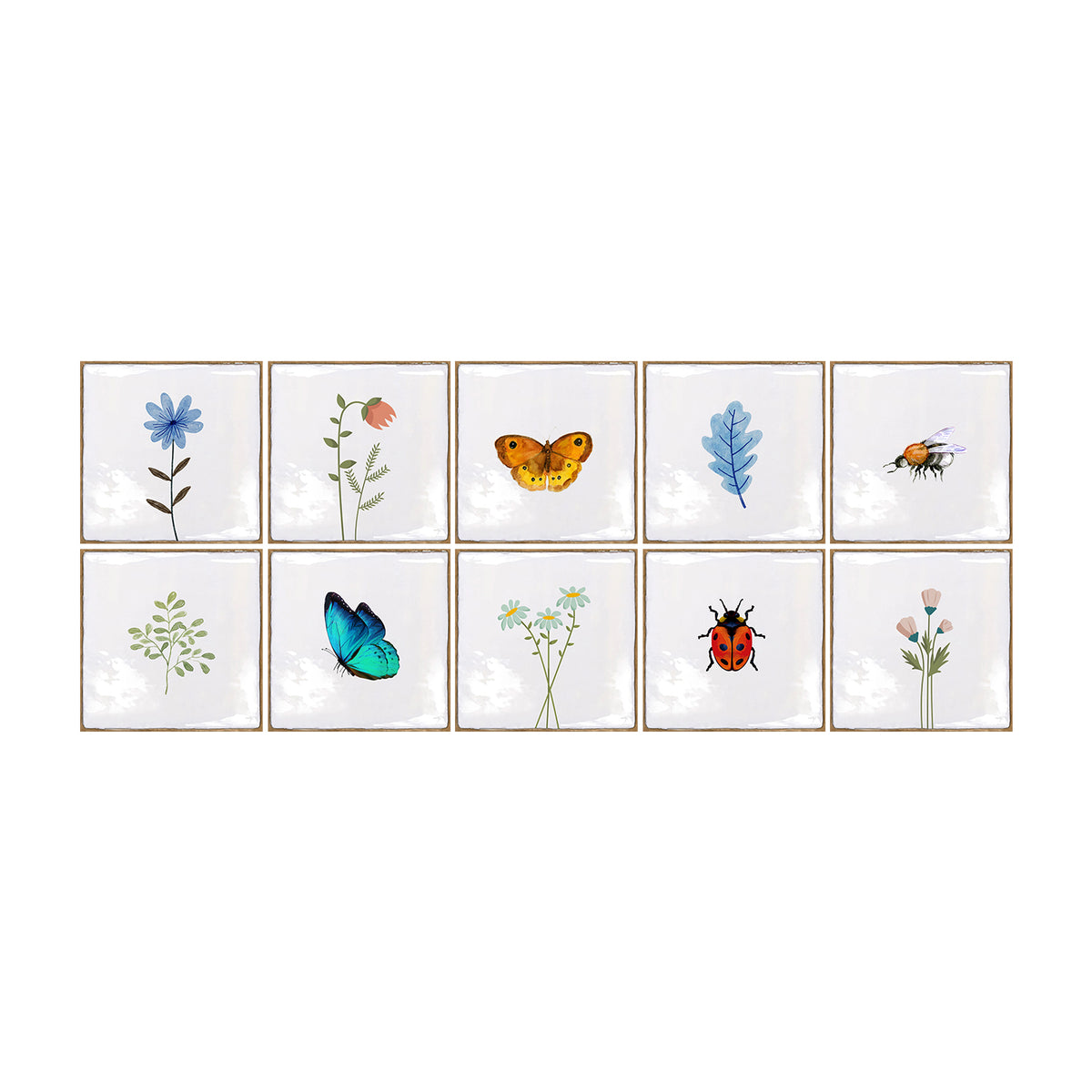 White with Colorful Butterfly Flower Square Nature Tile Stickers 10PCS