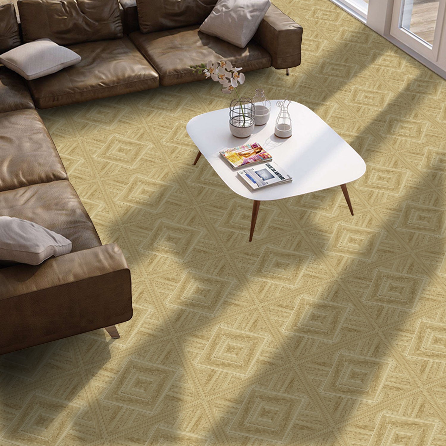 Beige Geometric Wood Stick & Peel Floor Tiles for Living Room
