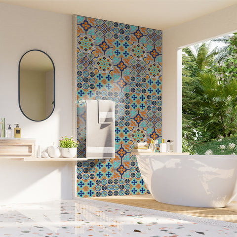 Vibrant orange and blue: the fashionable rhythm of tile stickers