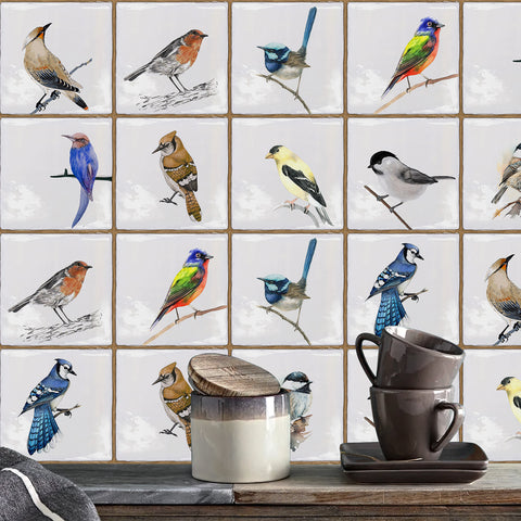 White with Birds Vintage Square Nature Tile Stickers