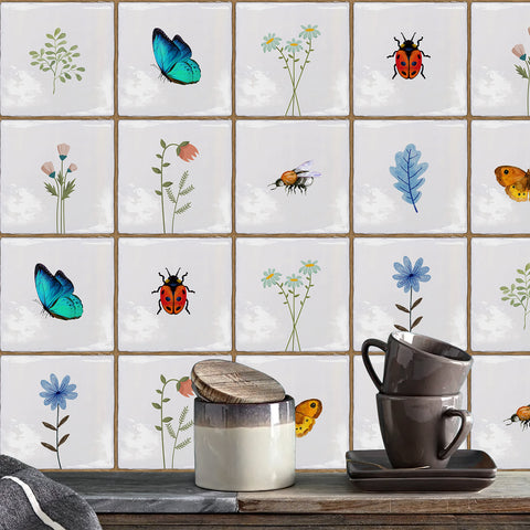 White with Colorful Butterfly Flower Square Nature Tile Stickers 10PCS