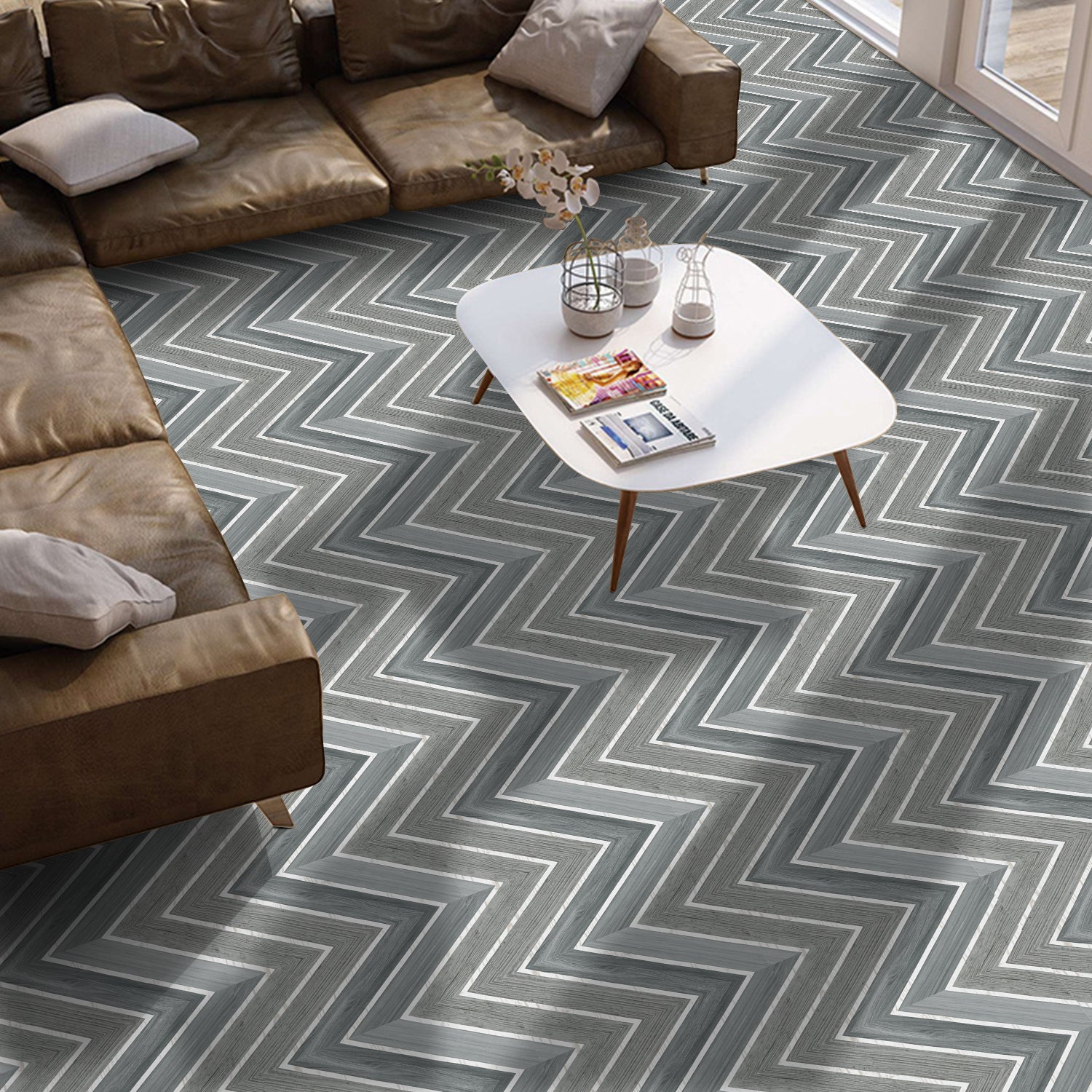 Herringbone Grey Wood Peel and Stick Vinyl Flooring for Living Room