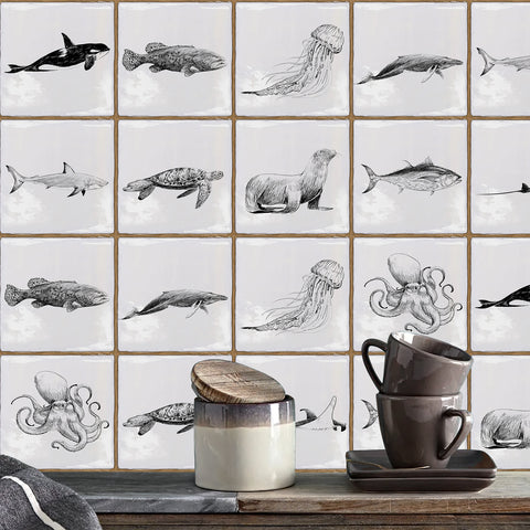 White with Sea Creature Square Nature Tile Stickers
