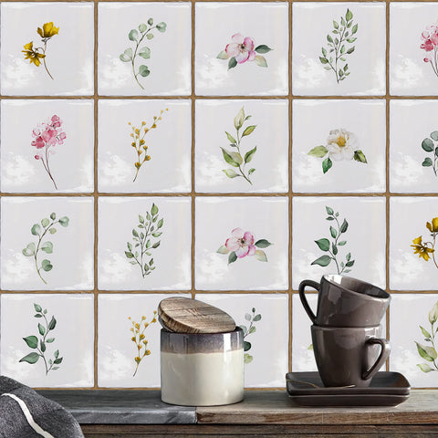 White with Floral Vintage Square Tile Stickers