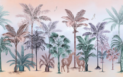 Tropical Dreams: Palm Trees and Wildlife Wallpaper in Soft Tones