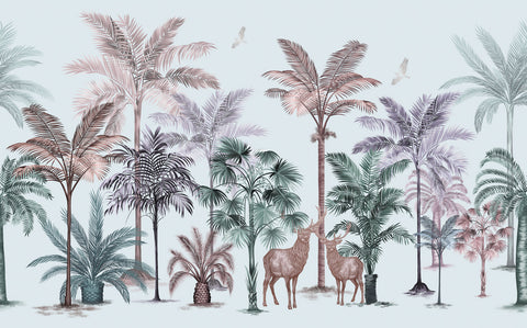 Tropical Dreams: Palm Trees and Wildlife Wallpaper in Soft Tones