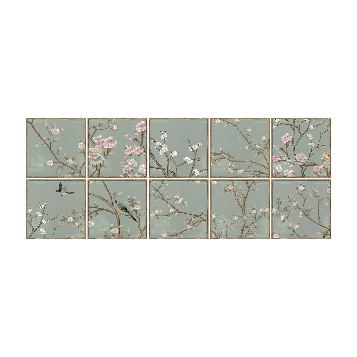 Green with Pink Plum Blossom Square Nature Tile Stickers 10PCS