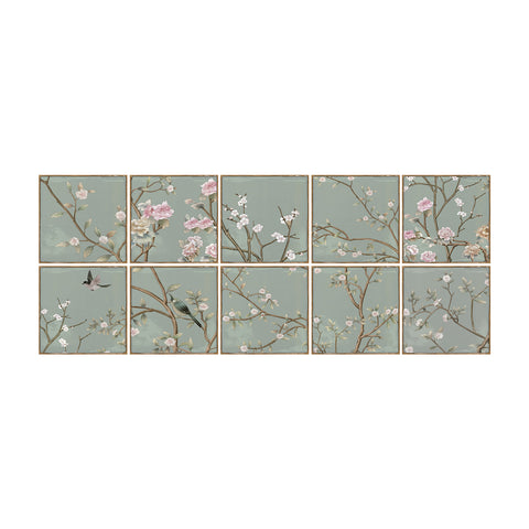 Green with Pink Plum Blossom Square Nature Tile Stickers 10PCS