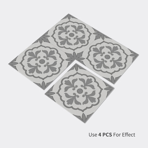 Grey Floral Floor Tile Stickers Retro Peel and Stick Geometric Easy Apply