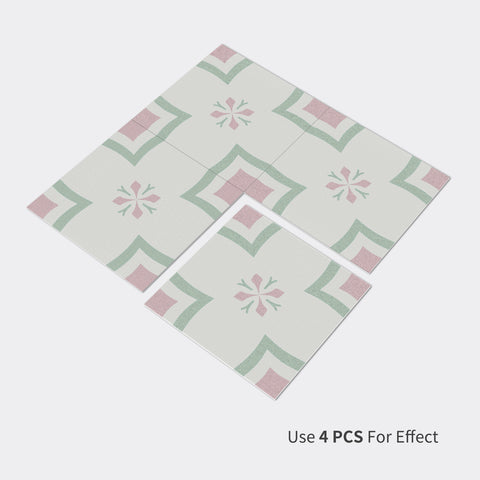 Pink and Green Geo-Floral Pattern Floor Tile Stickers Peel and Stick Flower