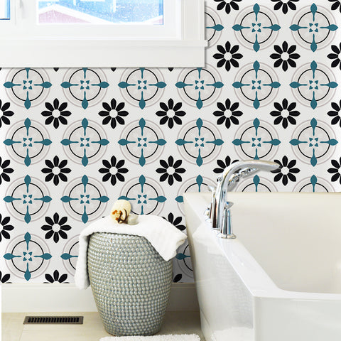 Stylish Teal and Black Decorative Flower Tile