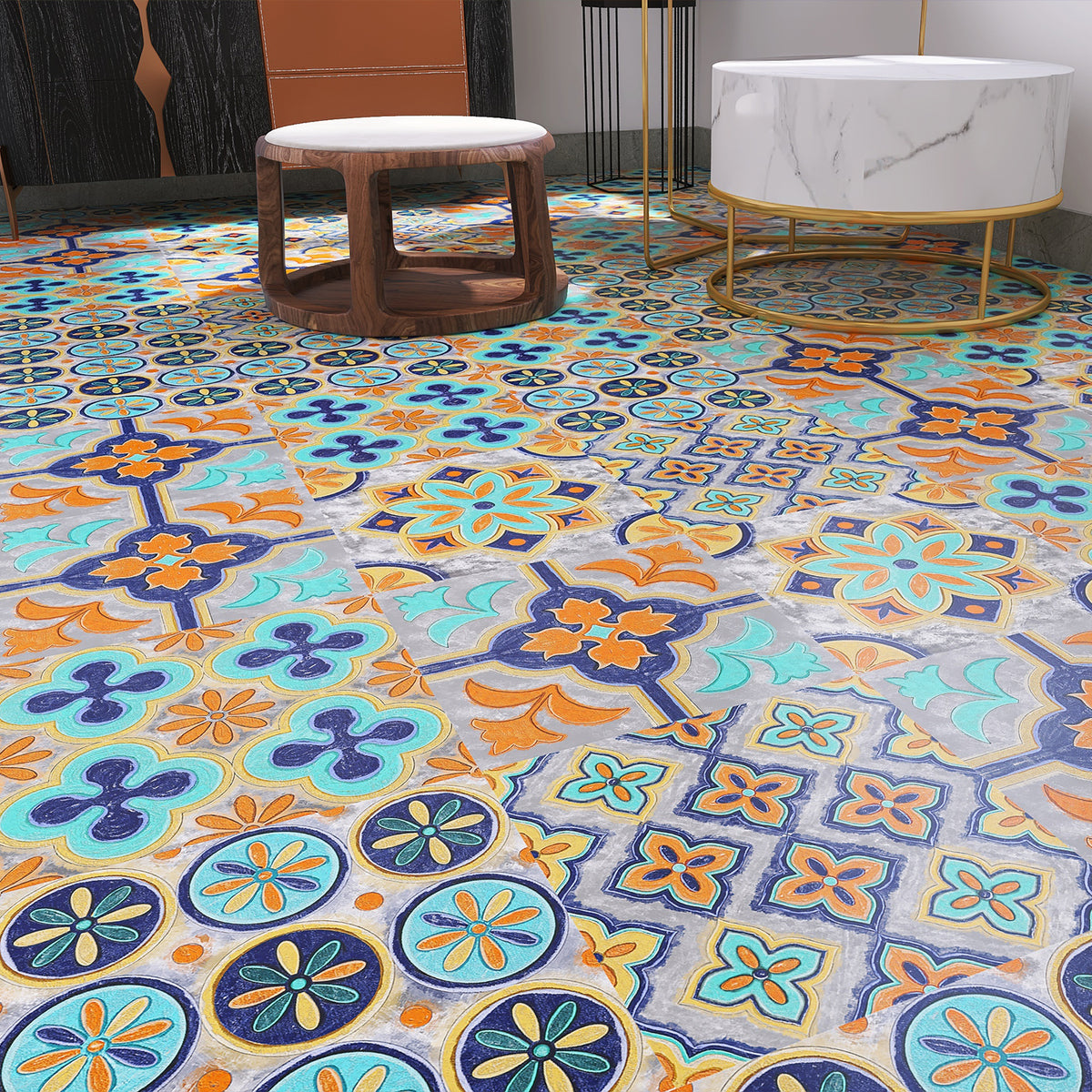 Vibrant orange and blue: the fashionable rhythm of tile stickers