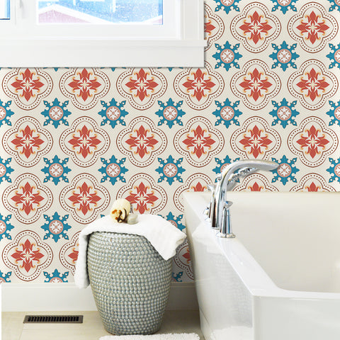 Vibrant Red Blue Floral Pattern Tile