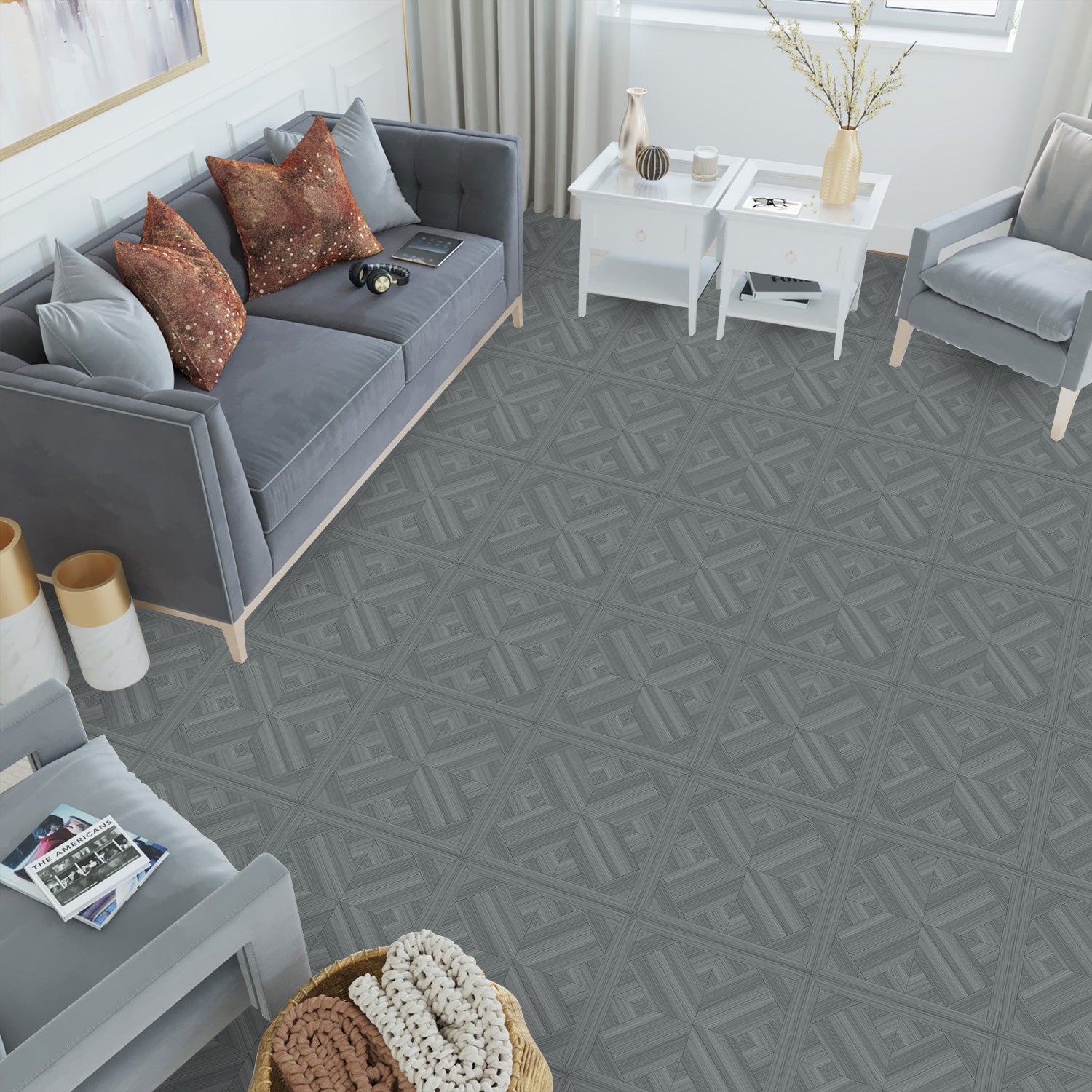 Deep Gray Crosshatch Plaid Wood Grain Peel and Stick Floor Tile for Living Room