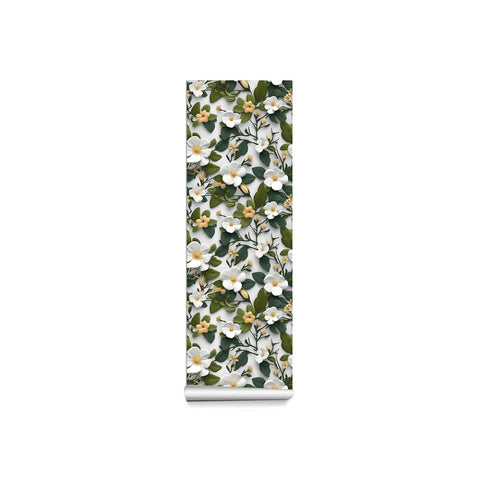 Elegant Floral Forest Wallpaper - Fresh White Flowers and Green Leaves Intertwined