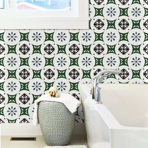 Fresh Green and Black Floral Pattern Tile