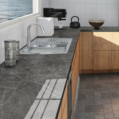 Gray Brown peel and stick marble floor tile Mirror Like Subdued Luxury Easy Installation