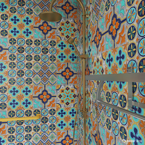 Vibrant orange and blue: the fashionable rhythm of tile stickers