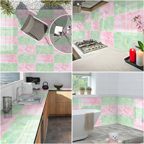 Environmentally Friendly Pink and Green Peel and Stick Marble Floor Tile Mirror Like Easy Installation