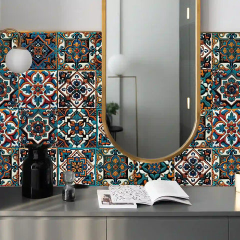 Retro blue and orange: the exotic style of tile stickers