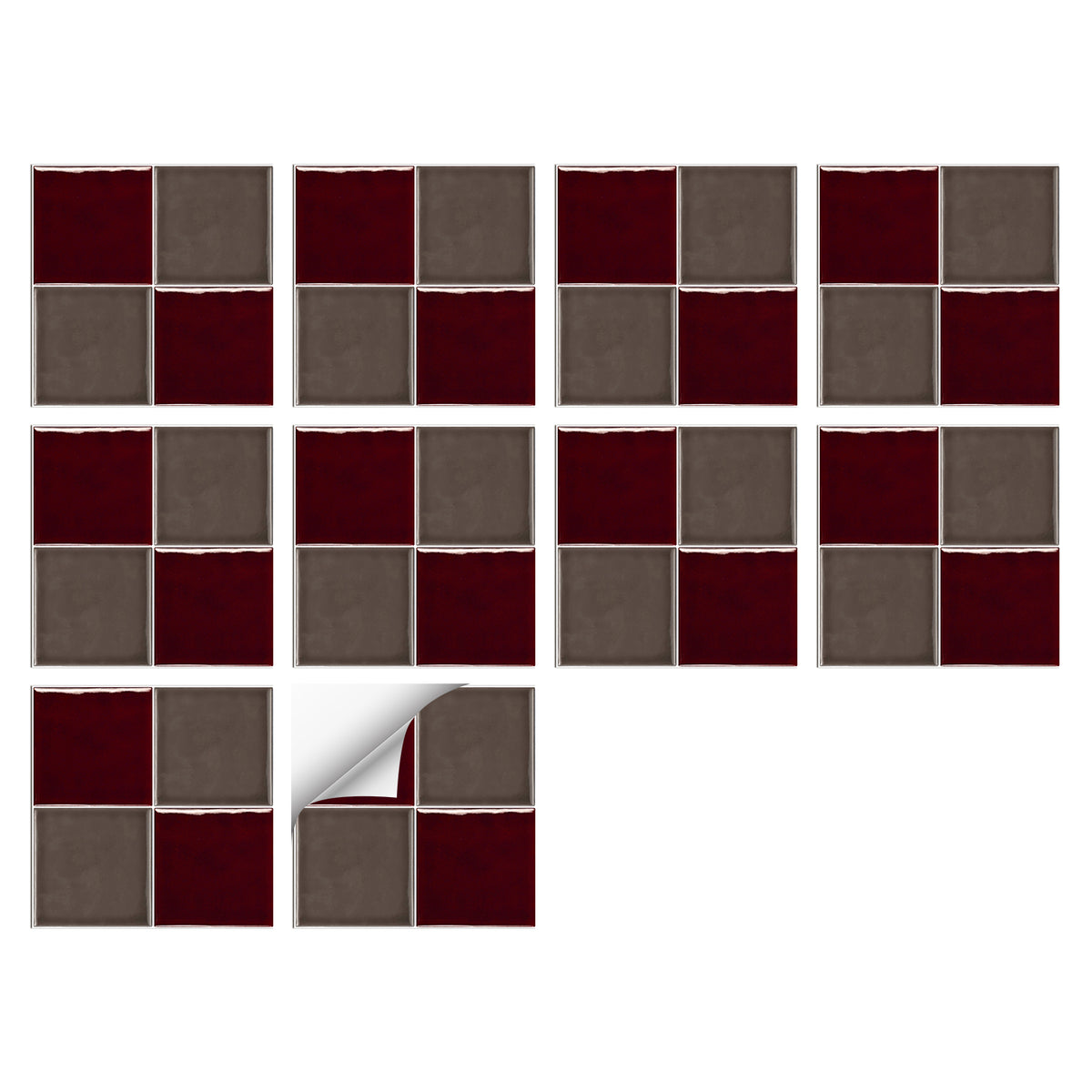 Red and Grey Modern Glazed Wallpaper Square Tile Sticker 10PCS