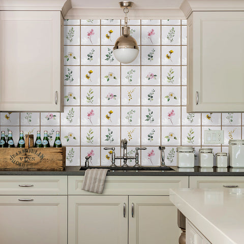 White with Floral Vintage Square Tile Stickers