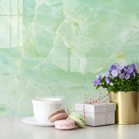 Green Marble Floor Tile Mirrored Easy Installation Peel and Stick Environmentally Friendly