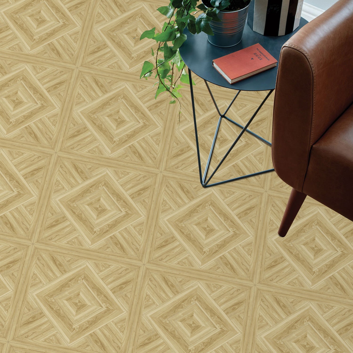 Beige Geometric Wood Stick & Peel Floor Tiles for Bedroom