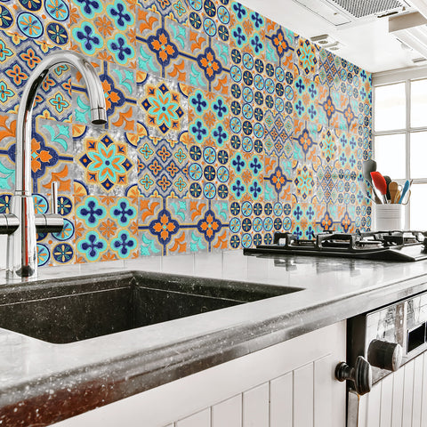 Vibrant orange and blue: the fashionable rhythm of tile stickers