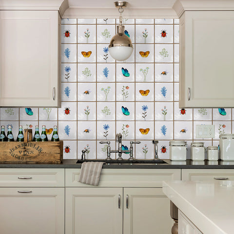 White with Colorful Butterfly Flower Square Nature Tile Stickers 10PCS