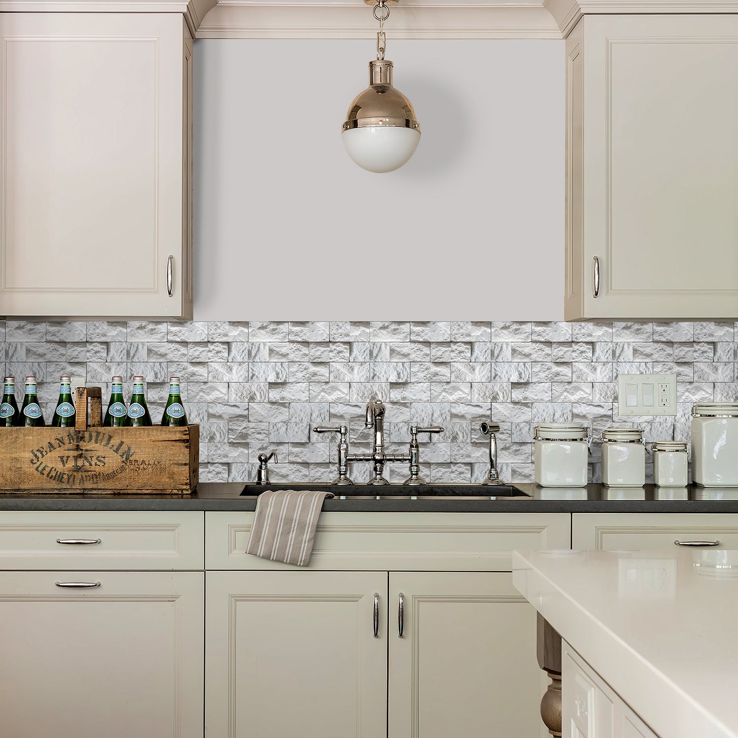 stone look wallpaper accent wall for kitchen