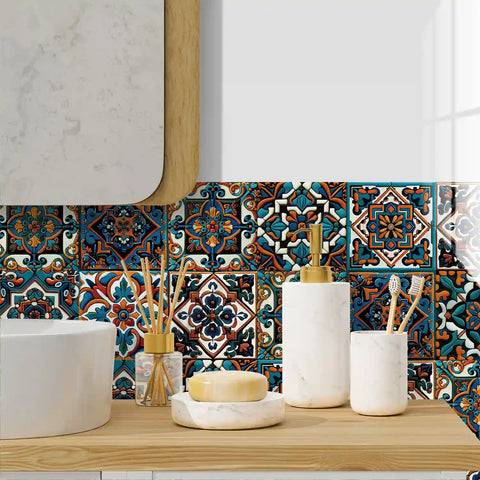 Retro blue and orange: the exotic style of tile stickers