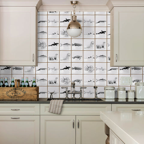 White with Sea Creature Square Nature Tile Stickers