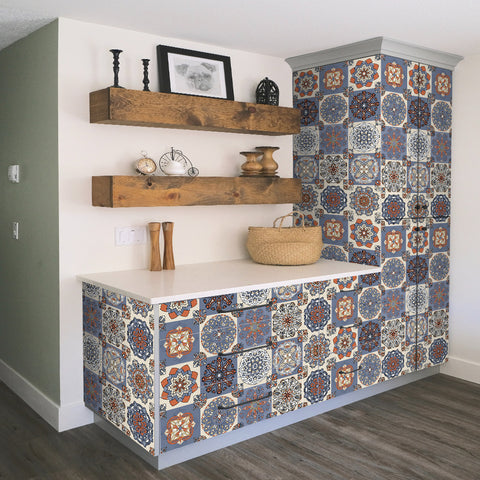 Ethnic style: folk tile stickers with blue, orange and white interweaving