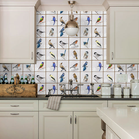 White with Birds Vintage Square Nature Tile Stickers