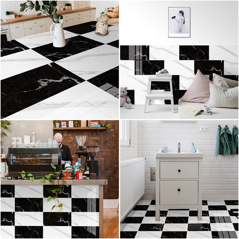 Black and White Peel and Stick Marble Floor Tile Mirror Like Easy Installation Environmentally Friendly