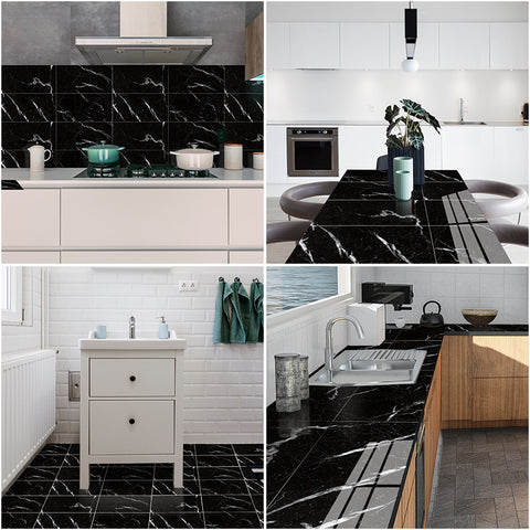 Black Marble Floor Tile Mirror Like Easy Installation Peel and Stick Environmentally Friendly