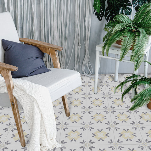 Gray and Beige Floral Floor Tile Stickers Geometrical Peel and Stick