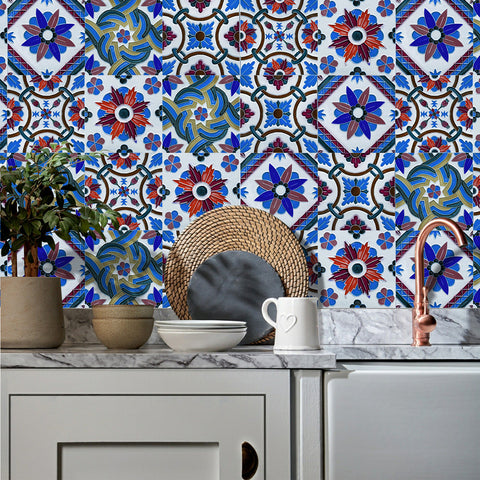 Blue Floral Wallpaper Thickened Frosted Tile Stickers 5 PCS