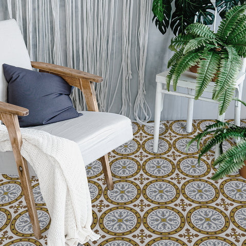 Black Gold Floral Floor Tile Stickers Retro Peel and Stick Geometric Easy Apply