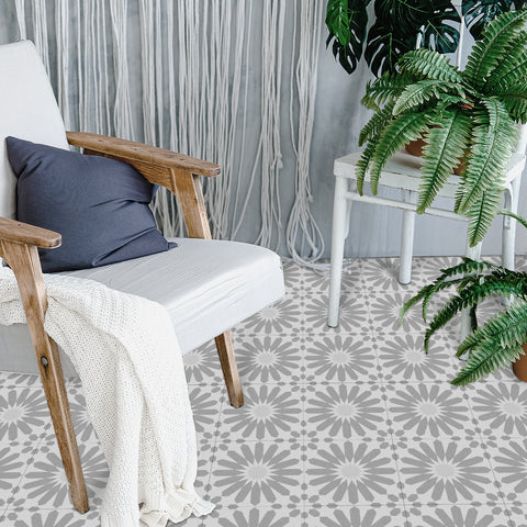 Grey Sun Flower Floor Tile Stickers Peel and Stick Modern Geometric