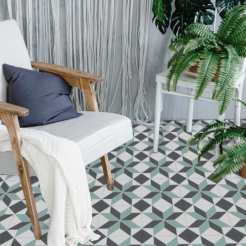 Grey and Green Geometric Flower Floor Tile Stickers Peel and Stick Modern
